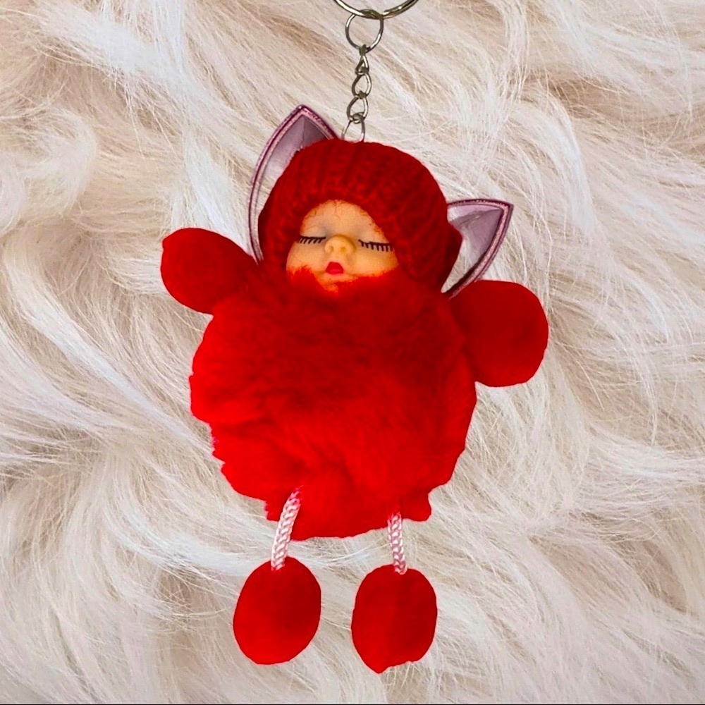 SLEEPY BABY WITH‎ FAIRY WINGS SMALL POMPON IN RED  KEYCHAIN CHARM